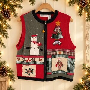 vintage Victoria Jones Christmas Sweater Vest Zip Up Patchwork XL Snowman